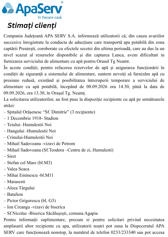 Anunțuri APA SERV 2026