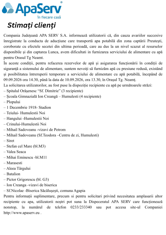 Anunțuri APA SERV 2026