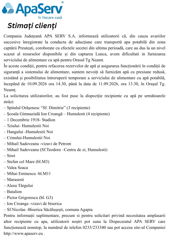 Anunțuri APA SERV 2026