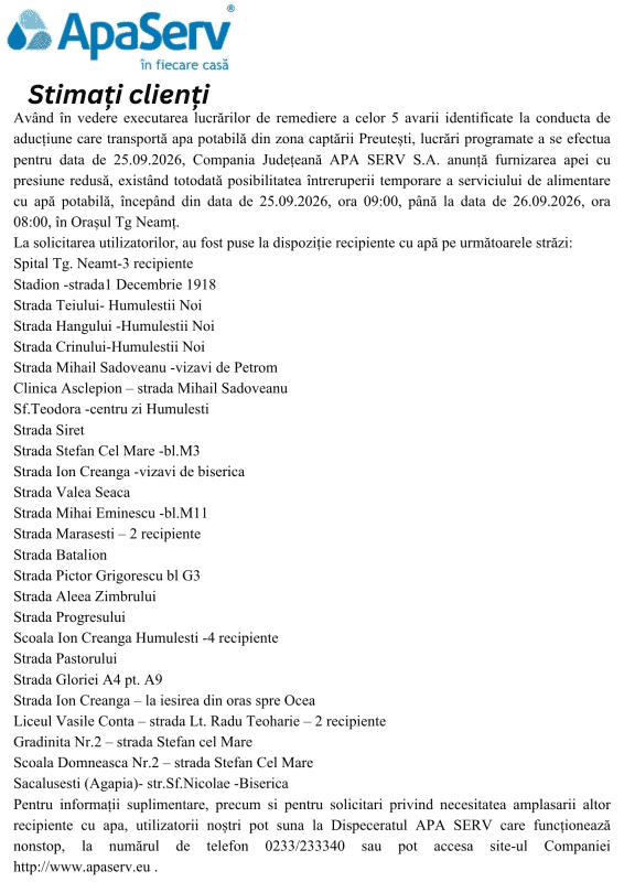 Anunțuri APA SERV 2026