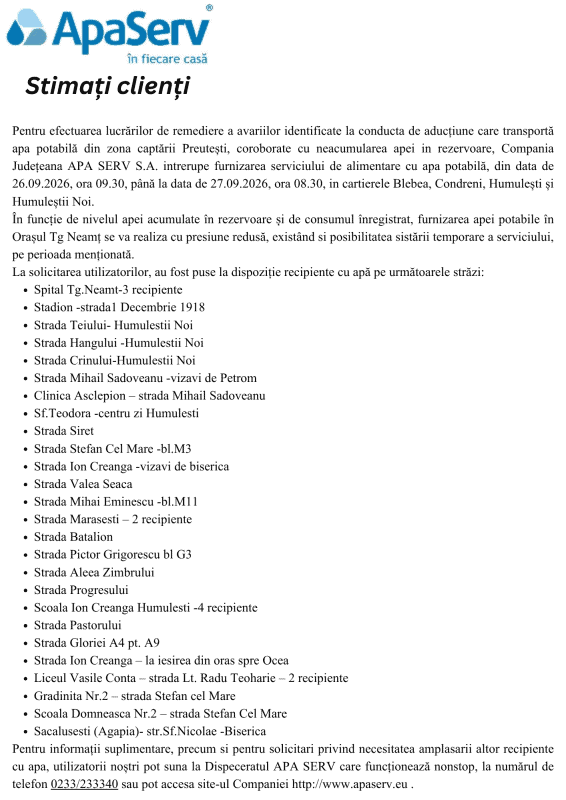 Anunțuri APA SERV 2026