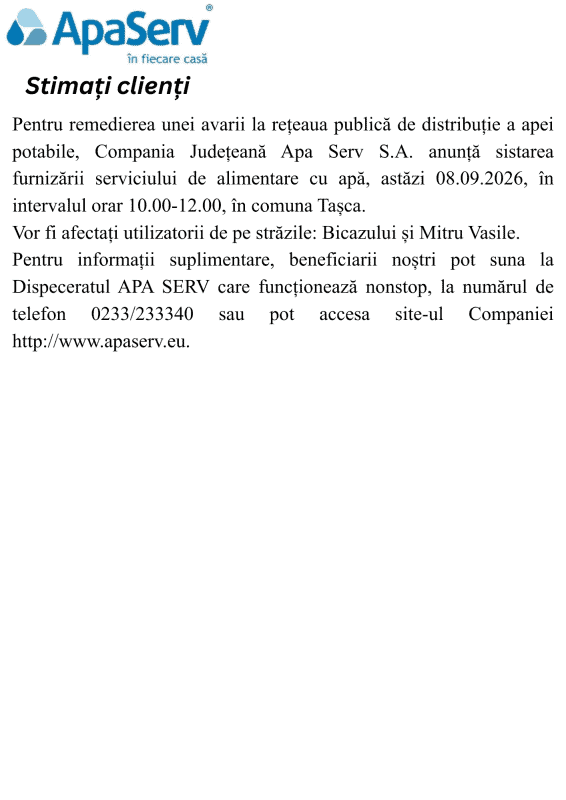 Anunțuri APA SERV 2026