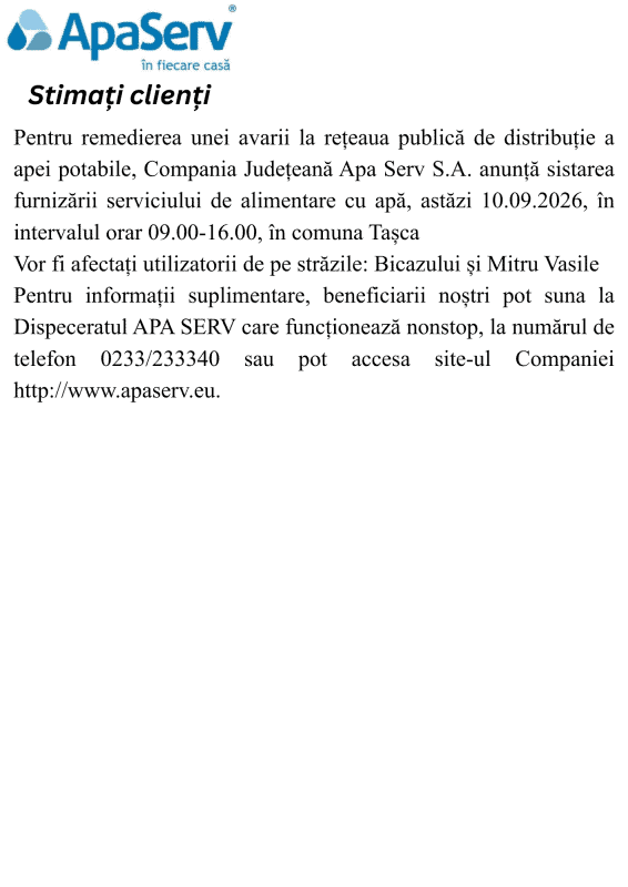 Anunțuri APA SERV 2026
