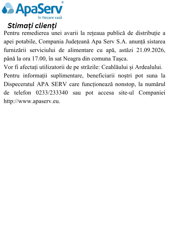 Anunțuri APA SERV 2026