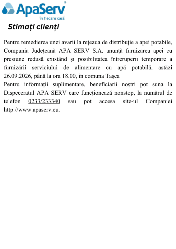 Anunțuri APA SERV 2026