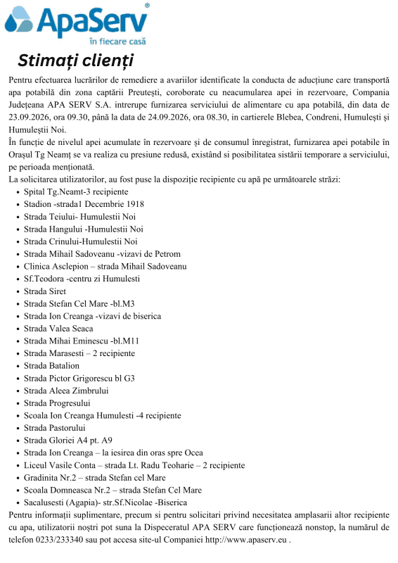 Anunțuri APA SERV 2026