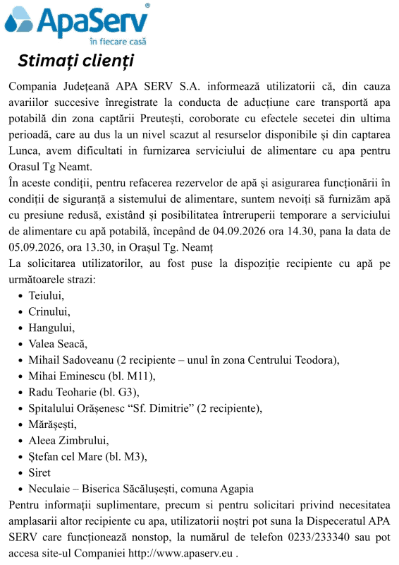 Anunțuri APA SERV 2026
