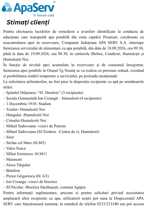 Anunțuri APA SERV 2026
