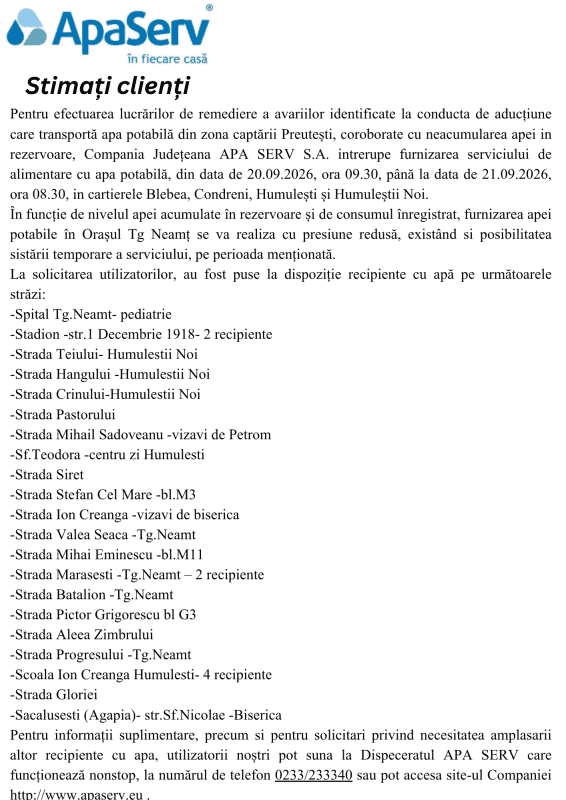 Anunțuri APA SERV 2026