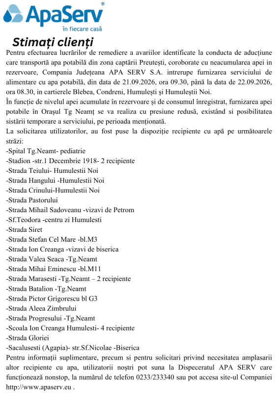 Anunțuri APA SERV 2026