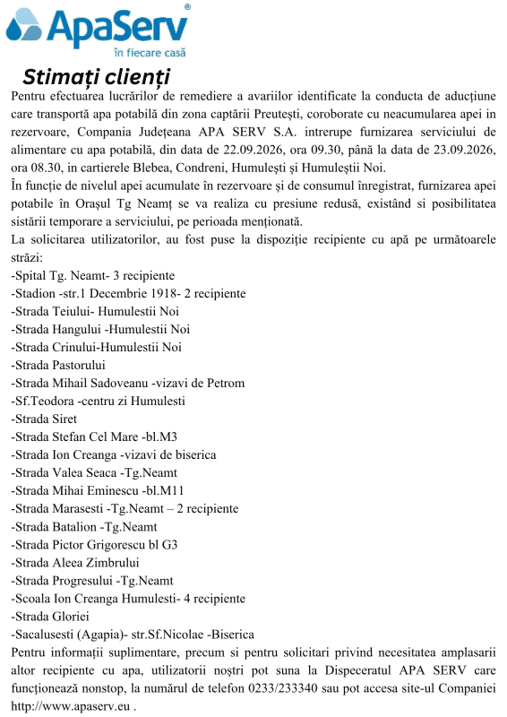 Anunțuri APA SERV 2026