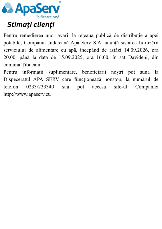 Anunțuri APA SERV 2026
