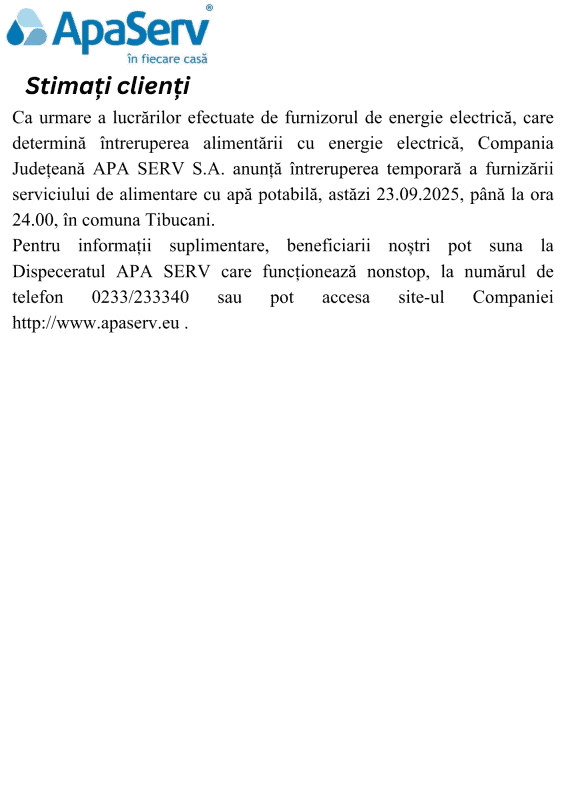 Anunțuri APA SERV 2026