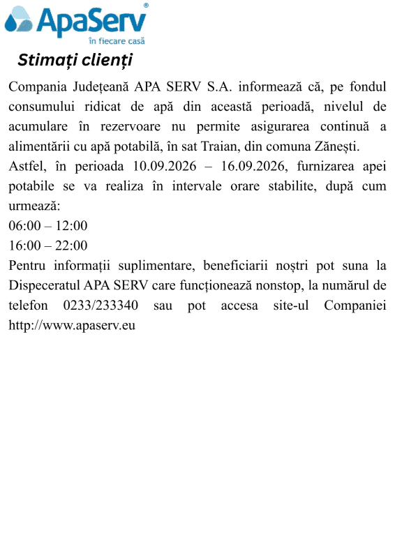 Anunțuri APA SERV 2026