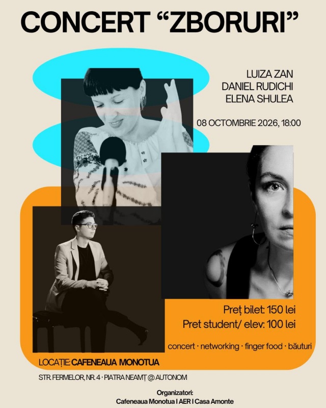 „Zboruri”, concert, joi seară, la Cafeneaua Monotua din Piatra-Neamț