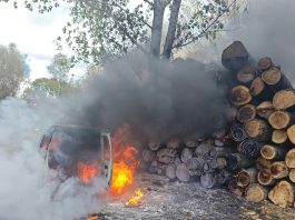 Mașină distrusă de flăcări, în apropierea unui depozit de lemne