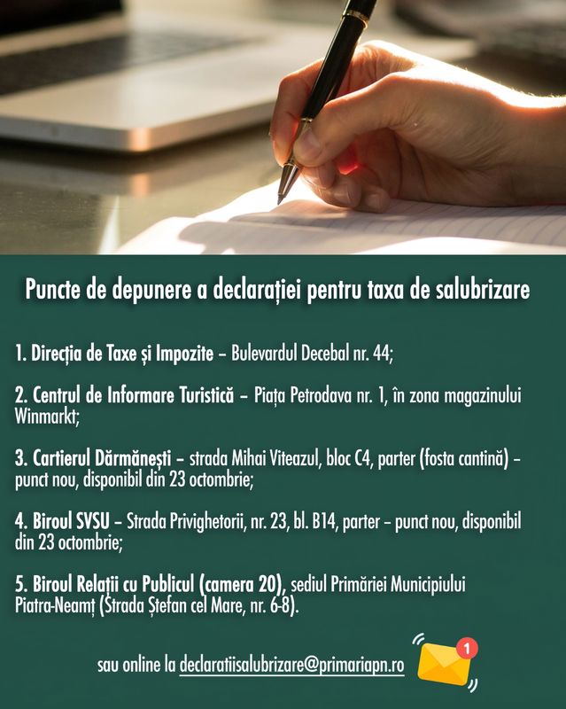 Municipiul Piatra-Neamț deschide două noi puncte pentru depunerea declarațiilor de salubrizare, începând de astăzi