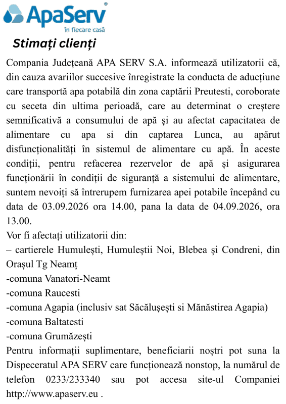 Anunțuri APA SERV 2026