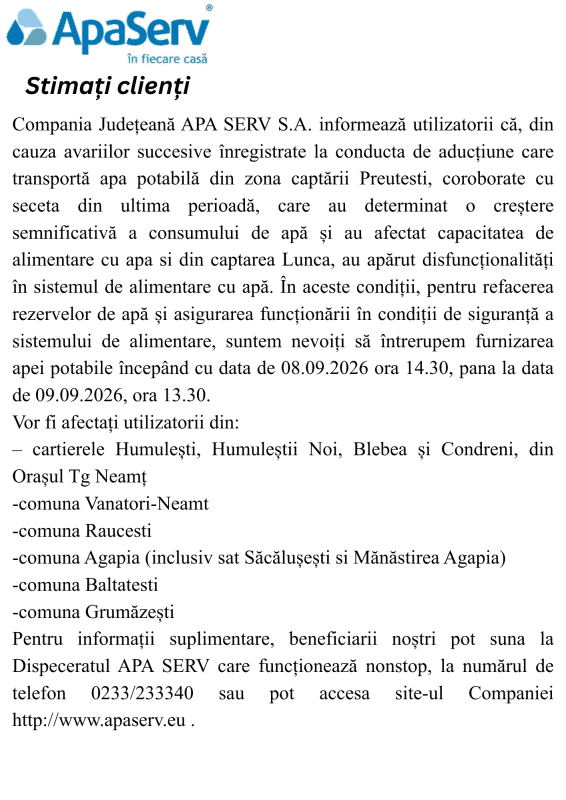 Anunțuri APA SERV 2026