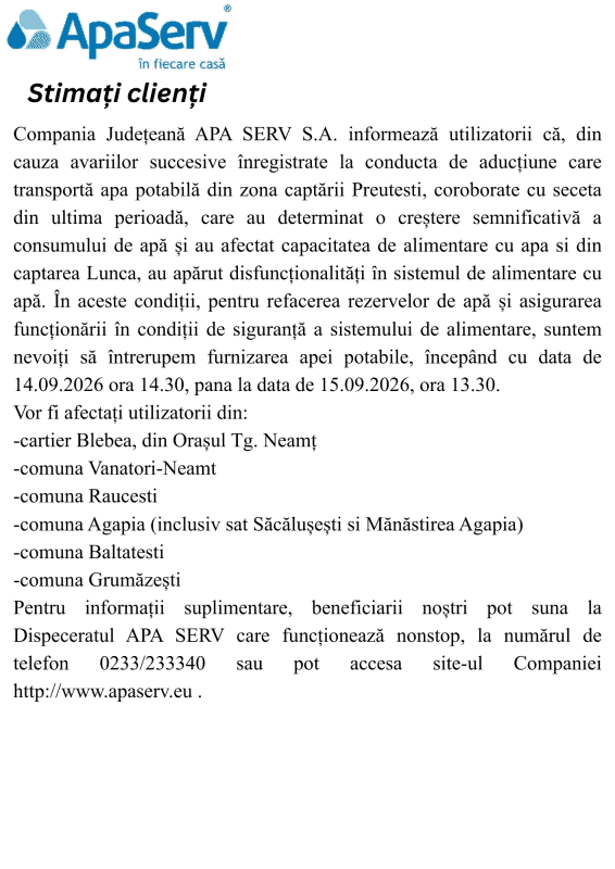 Anunțuri APA SERV 2026