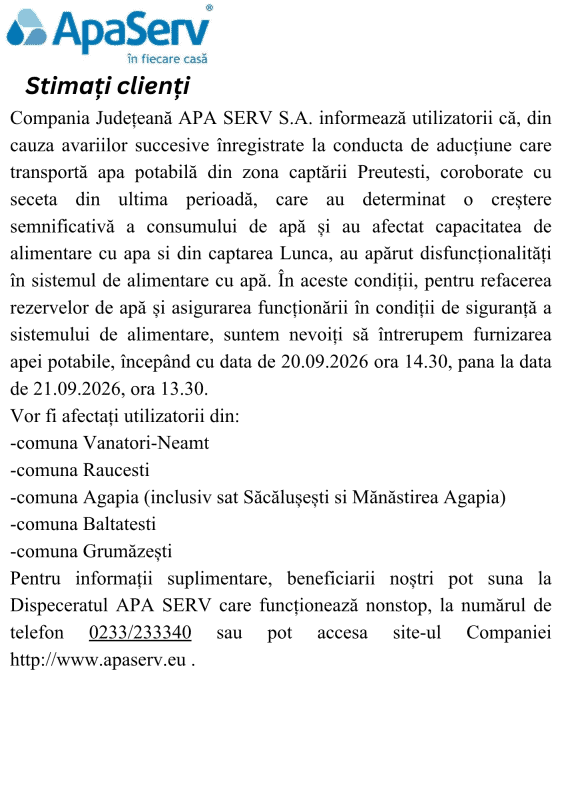 Anunțuri APA SERV 2026