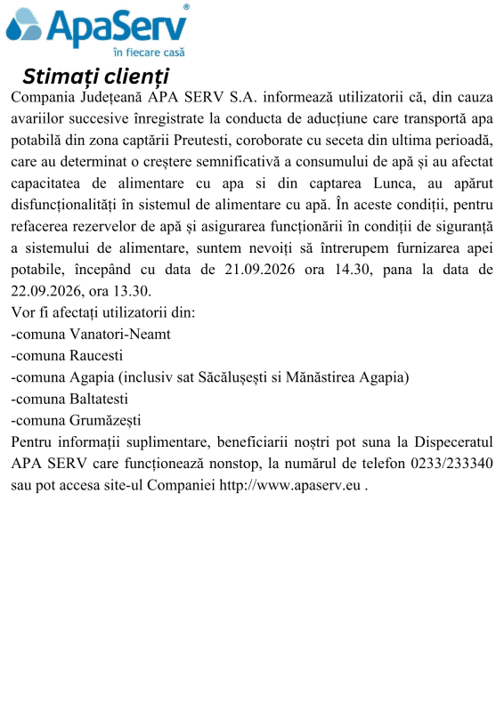 Anunțuri APA SERV 2026