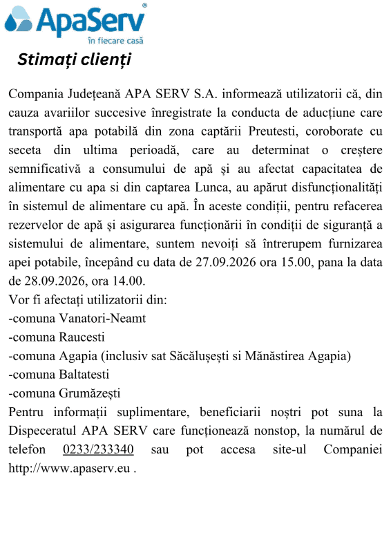 Anunțuri APA SERV 2026