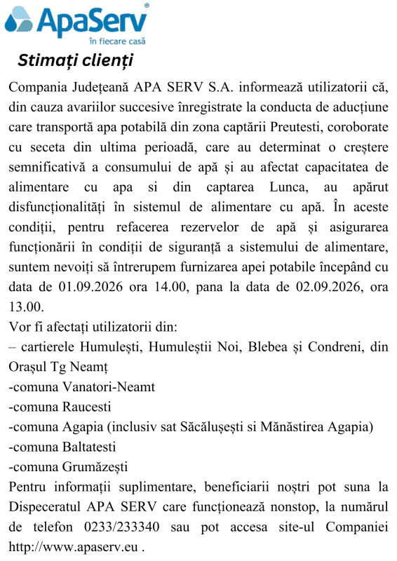 Anunțuri APA SERV 2026