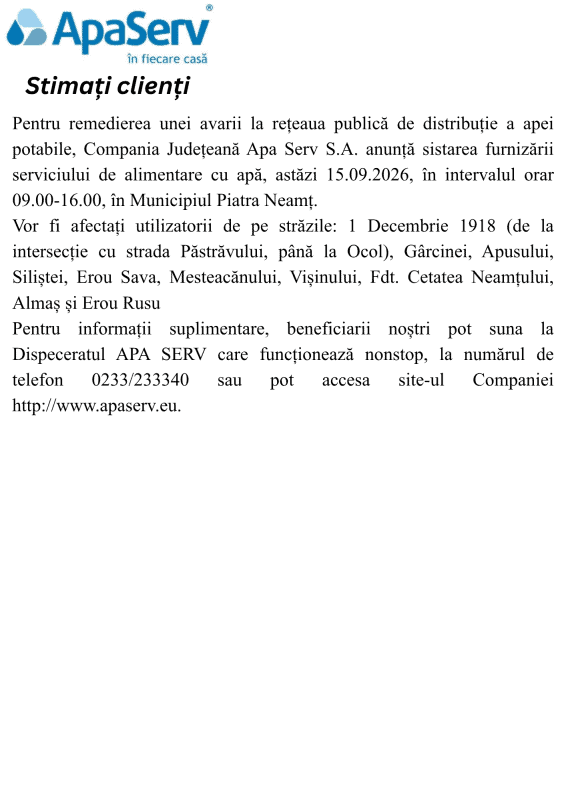 Anunțuri APA SERV 2026