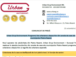 Urban Grup Environment: Varianta finală a programului de colectare a deșeurilor din zonele de case ale municipiului Piatra Neamț