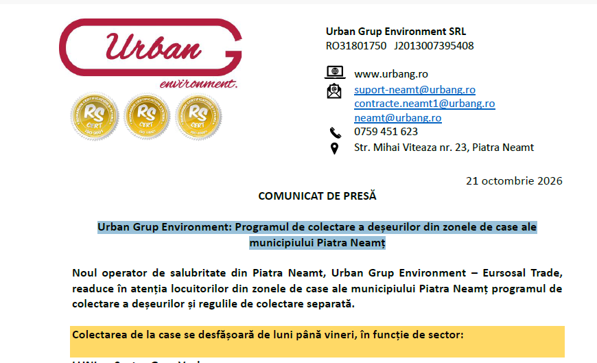Urban Grup Environment: Varianta finală a programului de colectare a deșeurilor din zonele de case ale municipiului Piatra Neamț